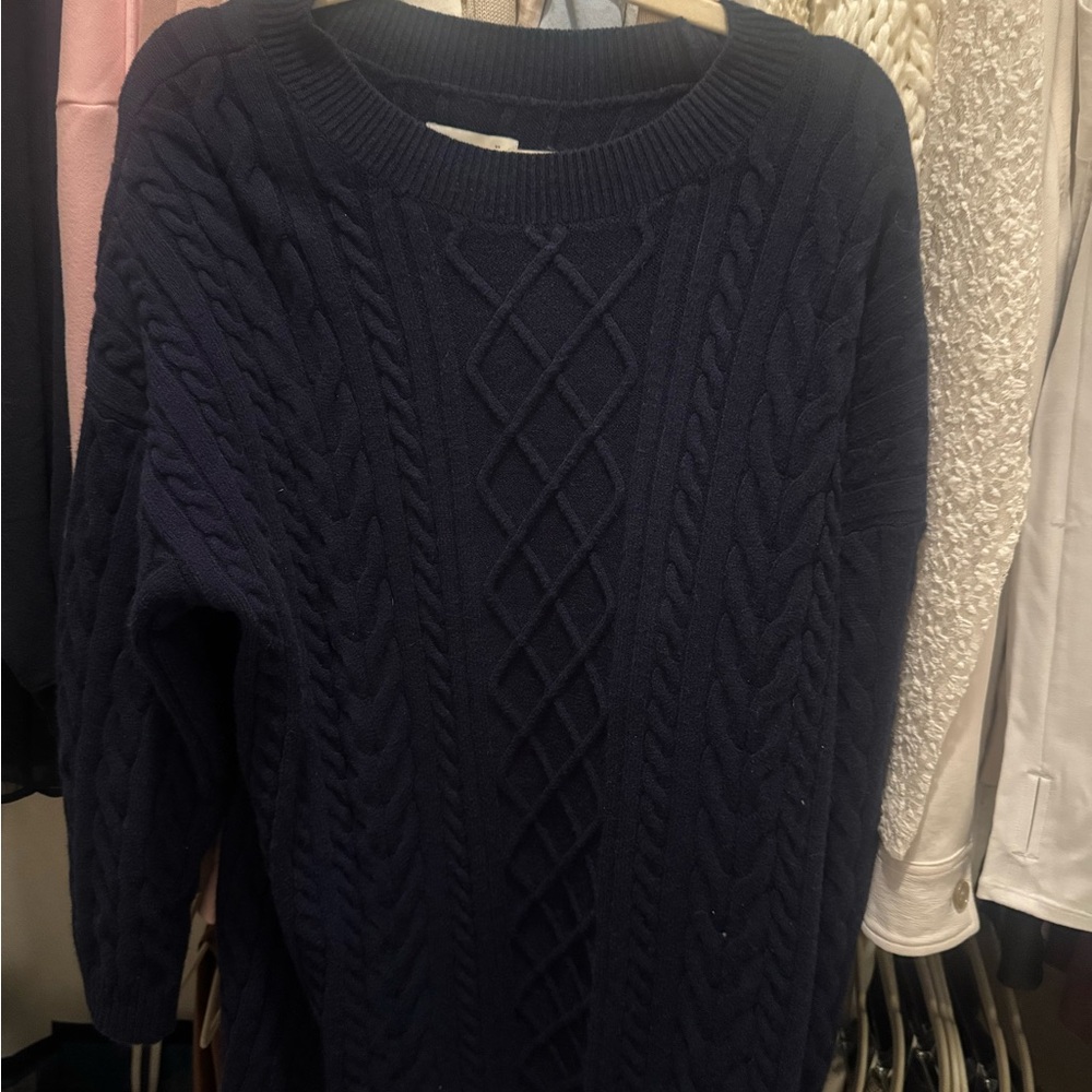 Navy Cable Knit Sweater Dress - Cozy Textured Pullover